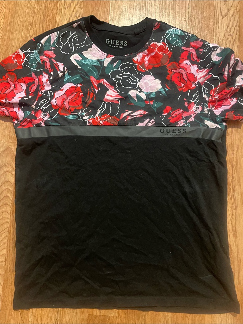 GUESS Floral Panel Short Sleeve Tee - Black with Red/Pink Floral
